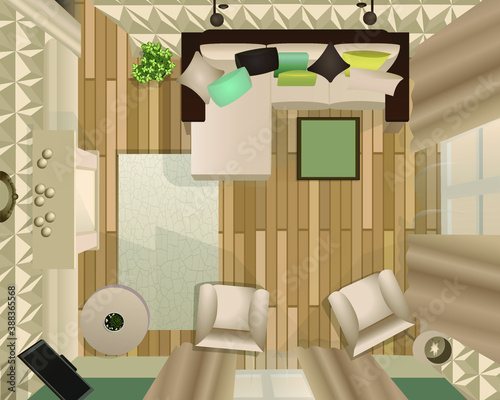Stylish cozy living room in beige tones with furniture and fittings. Top view. 