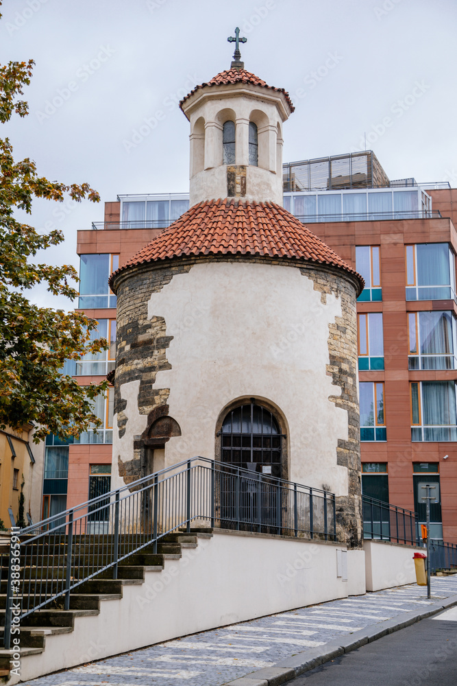 Romanesque medieval rotunda of St. Longina in the center of Prague during the autumn day, Czech Republic