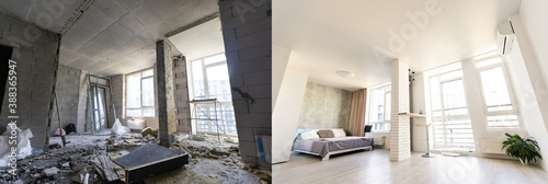 Empty rooms with large window, heating radiators before and after restoration. Comparison of old apartment and new renovated place. Concept of home refurbishment. photo