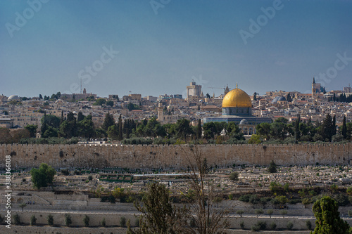 Rock dome mosque  Jerusalem panorama in high definition  large format  view of tombs and the ancient and modern city  from the mount of olives