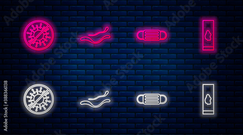 Set line Ebola virus disease, Medical protective mask, Stop and Blood test and. Glowing neon icon on brick wall. Vector.