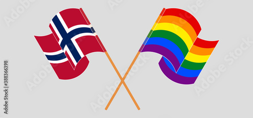 Crossed and waving flags of Norway and LGBTQ
