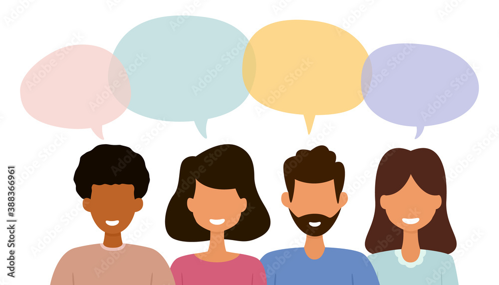 Group of people with dialog speech bubbles. Discussing business people. Vector illustration isolated on white background. Group of people with dialog speech bubbles. Discussing business people. Vector illustration isolated on white background.