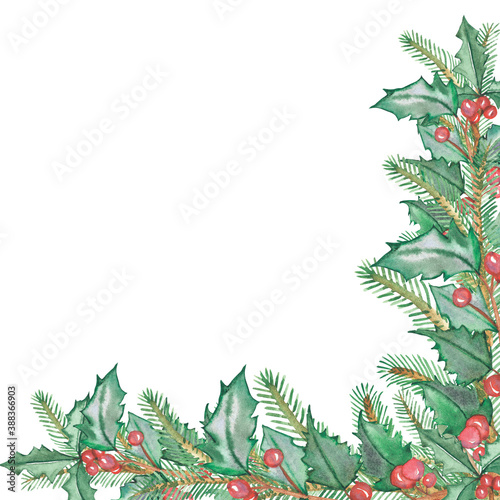 Watercolor hand painted nature winter corner border squared frame with holly red berries and leaves, green fir branches composition on the white background for christmas greeting and invite card