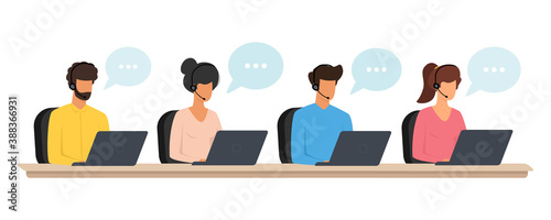 Call center, hotline workers. Man and woman in headphones with microphone at laptop. Customer support department staff, telemarketing agents. Vector illustration isolated on white background.