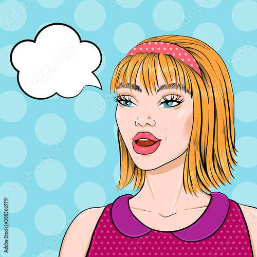 Caucasian woman with thinking bubble in pop art retro comic style