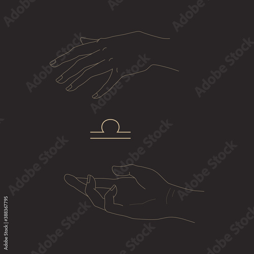 Libra sign and magic hands in outline style isolated on black background. Hands hold zodiac symbol. Astrological or magic concept. Vector illustration for logotype, icon, tattoo, print