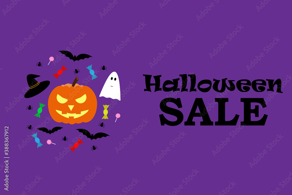 Halloween banner with pumpkin, ghost, switch hat, spiders, bats, sweets, lollipops on violet background