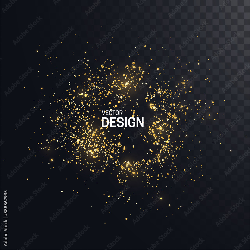 Shiny golden particles. Gold foil glitters frame isolater on dark transparent background. Bursting tinsel. Golden powder explosion. Decoration element for design. Vector illustration