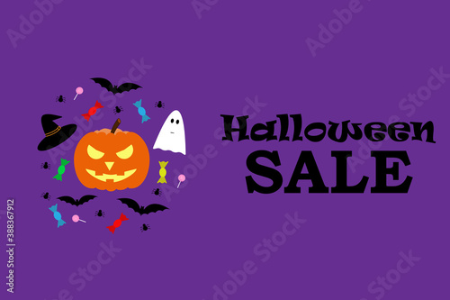 Halloween banner with pumpkin, ghost, switch hat, spiders, bats, sweets, lollipops on violet background