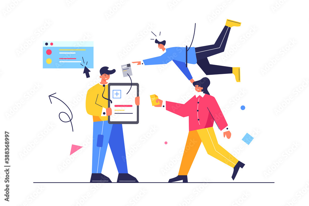 Group of workers working on projects as a team, guy tied on a rope hanging from the ceiling, guy with a board isolated on white background, flat vector illustration Group of workers working on projects as a team, guy tied on a rope hanging from the ceiling, guy with a board isolated on white background, flat vector illustration