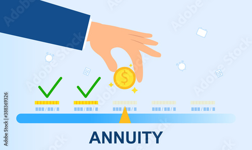 Annuity concept. Person making payment. Monthly payment. Invest on retire. Vector illustration flat design. Isolated on white background. Coin in hand.