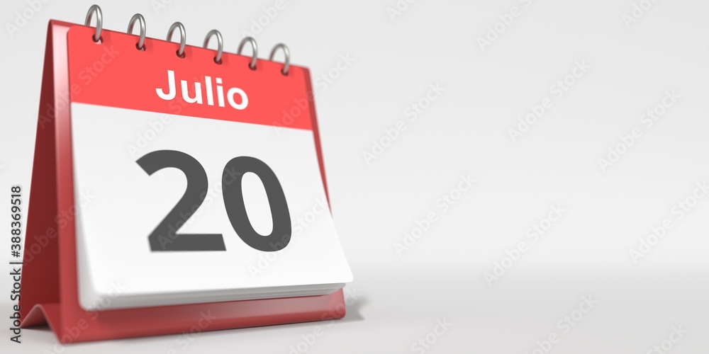 July 20 date written in Spanish on the flip calendar, 3d rendering July 20 date written in Spanish on the flip calendar, 3d rendering