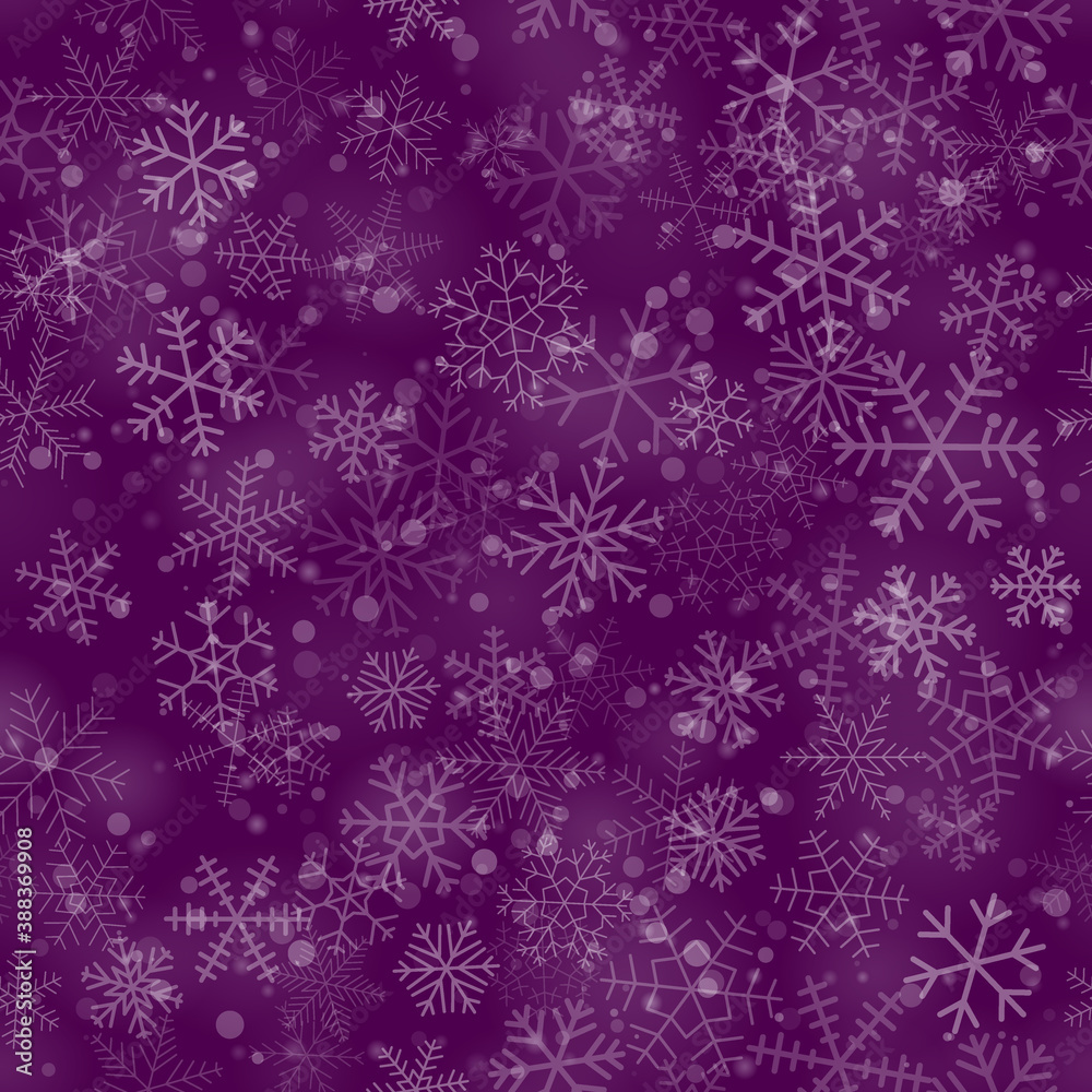 Christmas seamless pattern of snowflakes of different shapes, sizes and transparency, on purple background