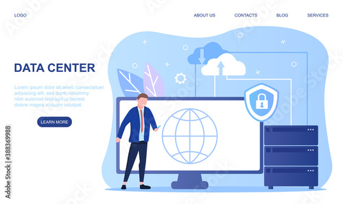 Data center concept. Database protection and safety, maintenance service. Flat cartoon vector illustration isolated on white background. Website, web page or landing page template