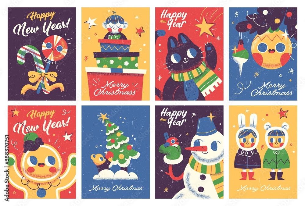 Set of Merry Christmas and Happy new Year greeting cards design with Christmas characters. Vector Set of Merry Christmas and Happy new Year greeting cards design with Christmas characters. Vector