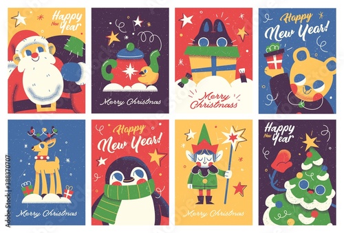 Set of Merry Christmas and Happy new Year greeting cards design with Christmas characters. Vector