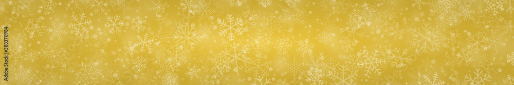 Christmas banner of snowflakes of different shapes, sizes and transparency on yellow background Christmas banner of snowflakes of different shapes, sizes and transparency on yellow background