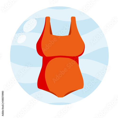 Red bathing suit. Modern fashionable One-piece swimsuit for swimming and sports. Flat cartoon icon. Women beachwear