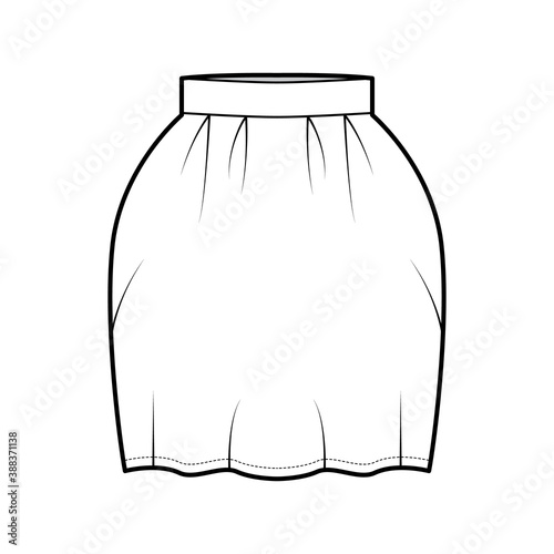 Skirt bell technical fashion illustration with pegged above-the-knee silhouette, pencil fullness, thick waistband. Flat bottom template front, white color style. Women, men, unisex CAD mockup