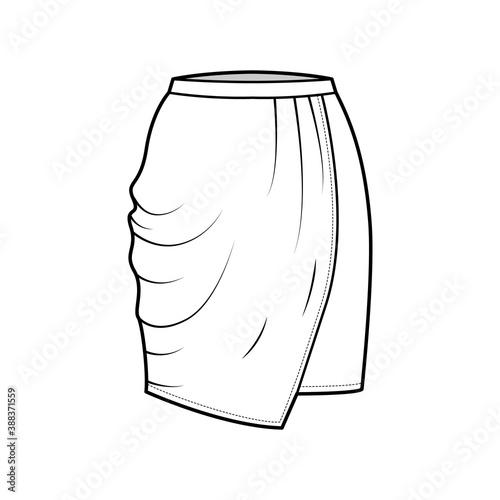 Skirt drapped technical fashion illustration with straight semi fitted knee silhouette, pencil fullness, thin waistband. Flat bottom template front, white color style. Women, men, unisex CAD mockup