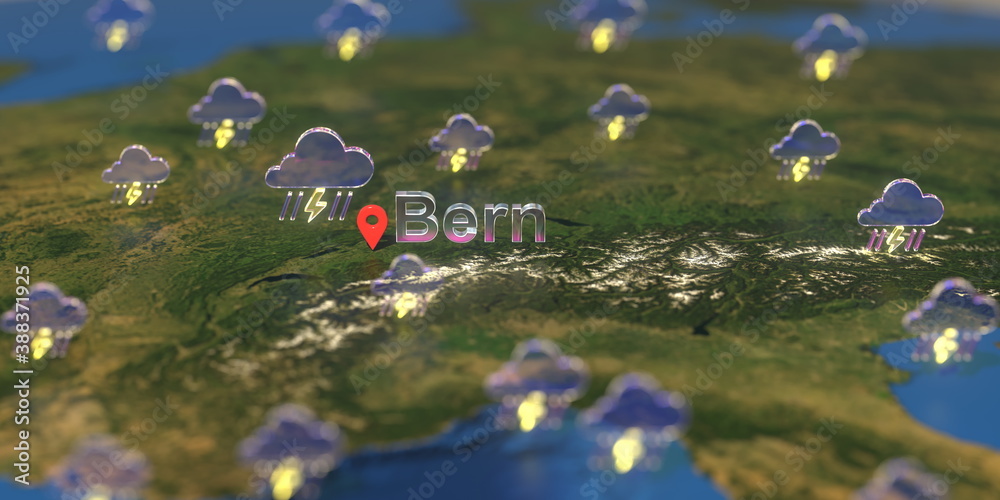 Bern city and stormy weather icon on the map, weather forecast related 3D rendering Bern city and stormy weather icon on the map, weather forecast related 3D rendering