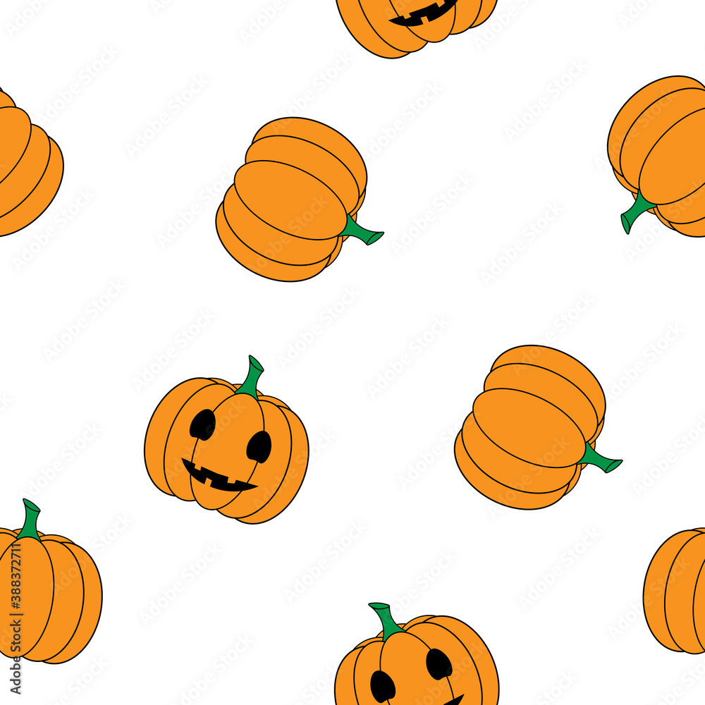 Seamless pattern with pumpkins. Outline digital illustration. Halloween orange pumpkins isolated on white background.