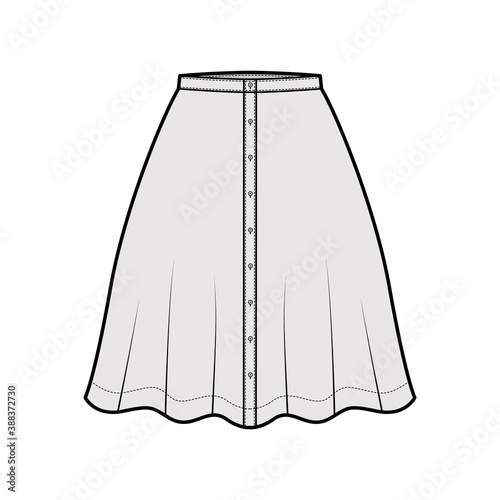 Skirt button down technical fashion illustration with semi-circular knee silhouette fullness. Flat bottom template front, grey color style. Women, men, unisex CAD mockup