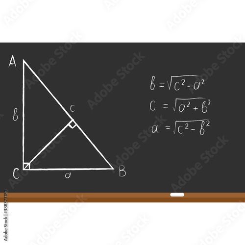 Pythagorean theorem on black school board. Knowledge, education, studying concept. Vector flat illustration.