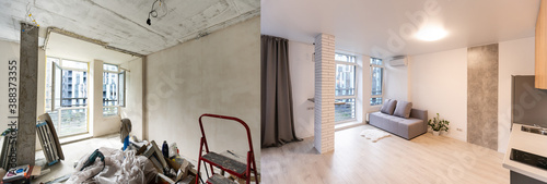 Room with unfinished walls and a room after repair. Before and after renovation in new housing.