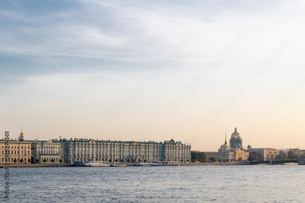View of the Winter Palace (Hermitage museum) from Neva river. Saint Petersburg, Russia.