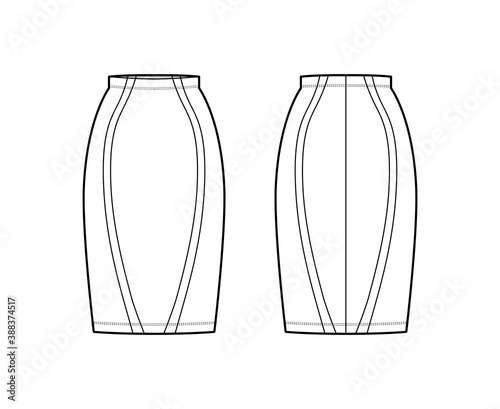 Skirt sheath technical fashion illustration with straight semi fitted knee silhouette, pencil fullness, thin waistband. Flat bottom template front, back, white color style. Women men unisex CAD mockup