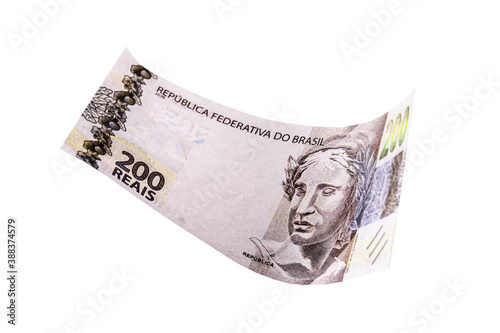 200 reais bank notes, new banknote from brazil, on isolated white background photo