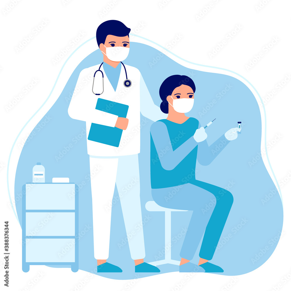 Doctor and nurse advice. Vaccination of people for prevention, immunization and treatment against viral infection. Medical injection, flu shot, virus. Vaccination for safe health.Vector illustration