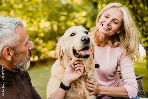 Happy caucasian senior couple petting their dog in autumn park