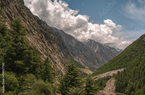 Gangotri is one of the main Hindu holy places of pilgrimage in the Himalayas. The trail from Gangotri to Gomukh runs between the mountain peaks.