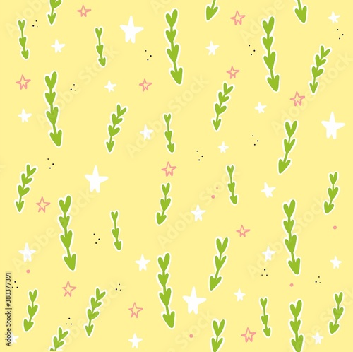 Vector seamless pattern in yellow color with green leaves and stars. Doodle style concept for bright summer fabric and accessories.