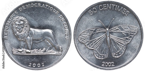 Congo Congolese aluminum coin 50 fifty centimes 2002, heraldic lion left, butterfly,  photo