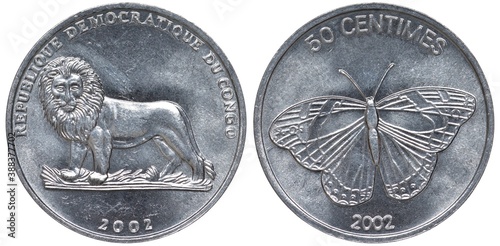 Foto Congo Congolese aluminum coin 50 fifty centimes 2002, heraldic lion left, butter