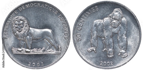 Congo Congolese aluminum coin 50 fifty centimes 2002, heraldic lion left, gorilla,  photo