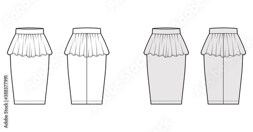 Skirt peplum sheath technical fashion illustration with straight knee silhouette, pencil fullness, thick waistband. Flat bottom template front, back white grey color style. Women men unisex CAD mockup
