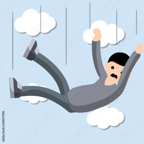 Falling man. horror and fear of heights - phobia Acrophobia. Cartoon flat illustration. Flight among clouds. Drop young guy