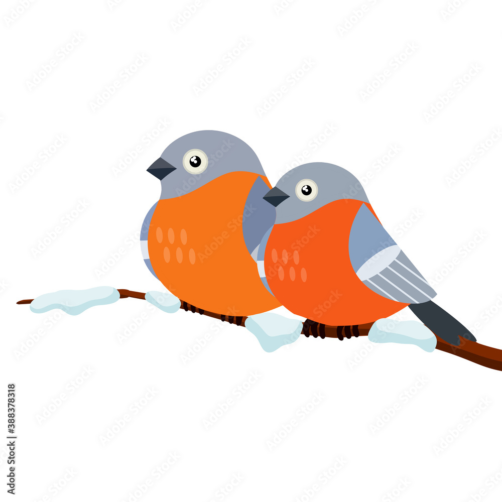 Two Bullfinches. A group of cute forest animals. Couple of bird. Cartoon flat illustration Two Bullfinches. A group of cute forest animals. Couple of bird. Cartoon flat illustration
