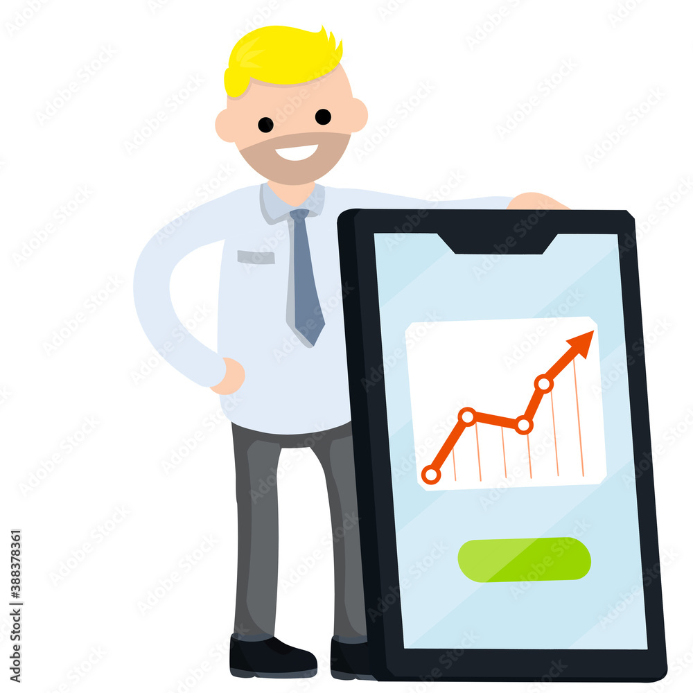 Businessman and big mobile phone. Cartoon flat illustration. Red arrow business chart of successful growth. Man in suit. Happy office worker. Modern technology Businessman and big mobile phone. Cartoon flat illustration. Red arrow business chart of successful growth. Man in suit. Happy office worker. Modern technology