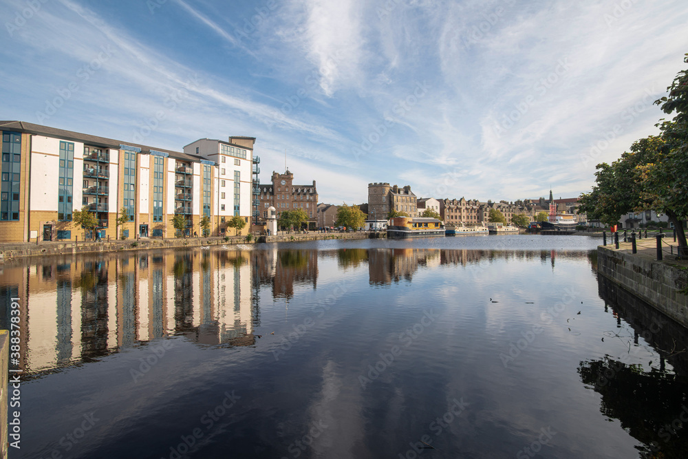 A viw of The Shore area of Leith, Edinburgh, UK, as seen from the west end of the old Victoria swing bridge.