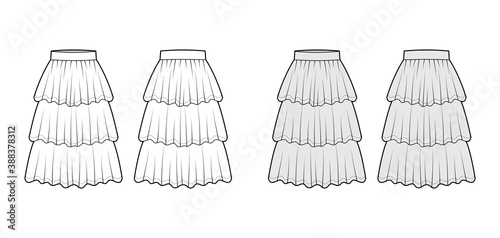 Skirt layered ruffle tiared flounce technical fashion illustration with below-the-knee lengths, circle silhouette. Flat bottom template front, back, white grey color style. Women men unisex CAD mockup