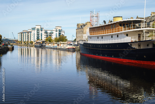 A viw of The Shore area of Leith, Edinburgh, UK, as seen from the Commercial Street bridge.