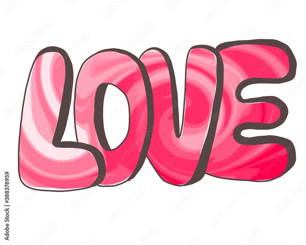 letters beautiful love illustration. valentine's day card. pink paint stains. Hand drawn. Cartoon style 