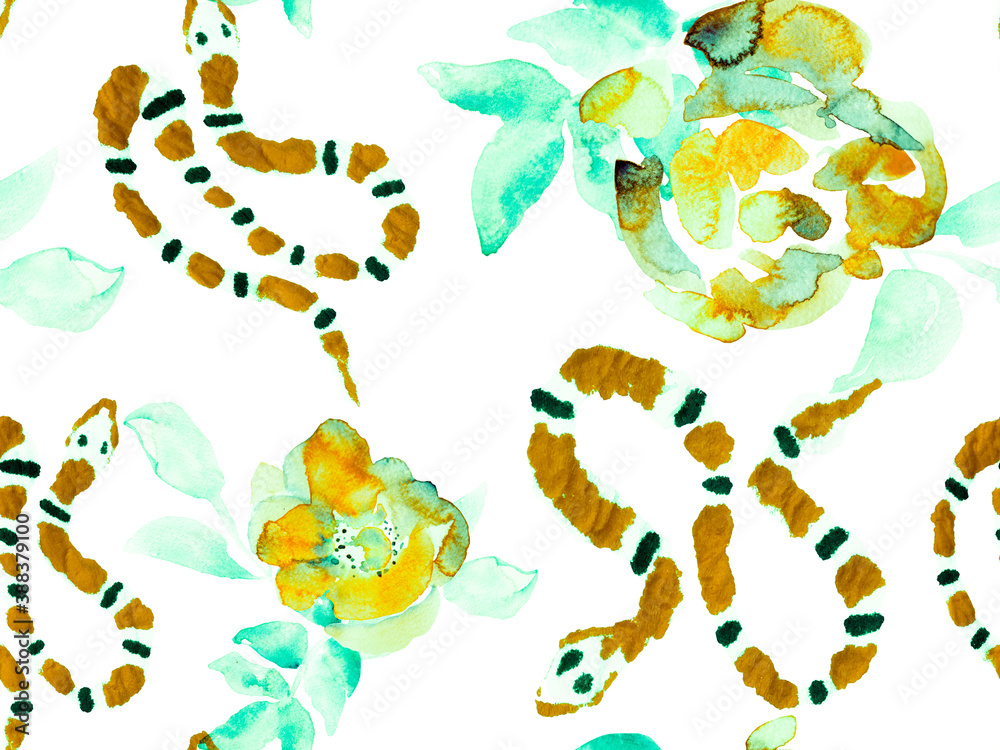 Snake Seamless Pattern. Aspid and Rose Print Snake Seamless Pattern. Aspid and Rose Print