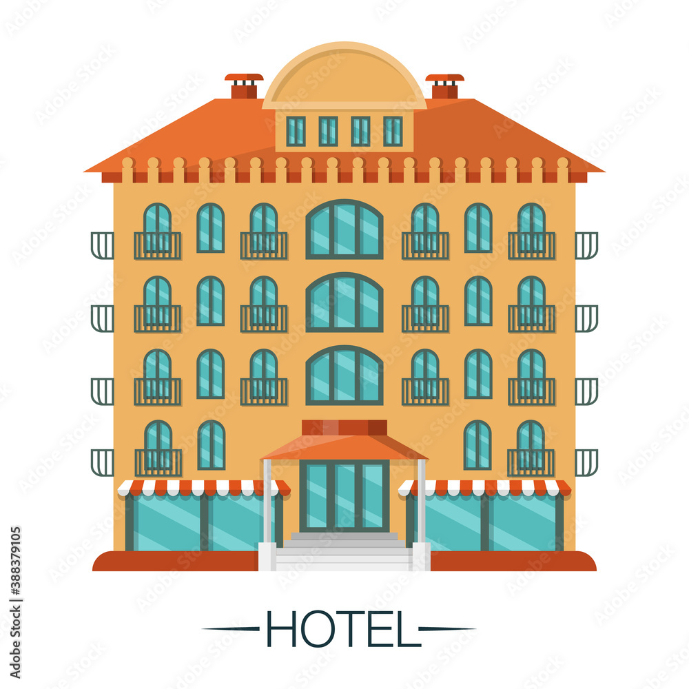 Beautiful modern European hotel with red roof and balconies. Infrastructure of a big city. Isolated object on a white background. Flat vector style. Architecture, street in metropolis. Urban tourism
